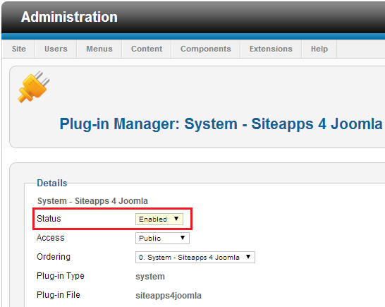 Enable SiteApps plugin for Joomla